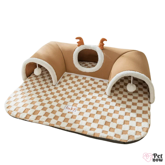 Túnel Interativo e Cama Aconchegante para Gatos - Design Xadrez