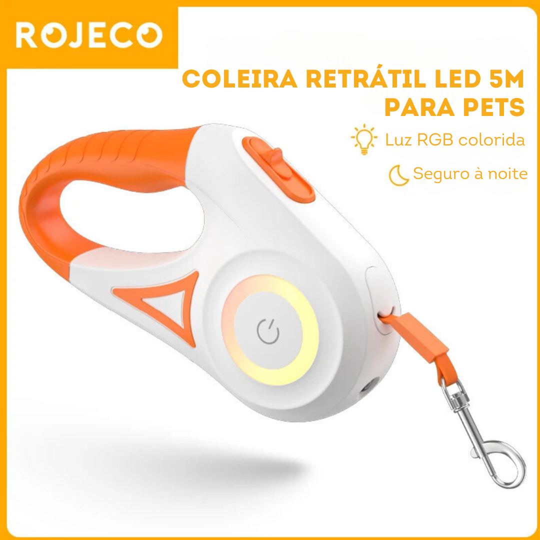 Coleira Guia Retrátil Pet LED ROJECO