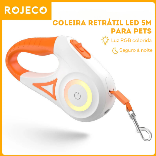 Coleira Guia Retrátil Pet LED ROJECO