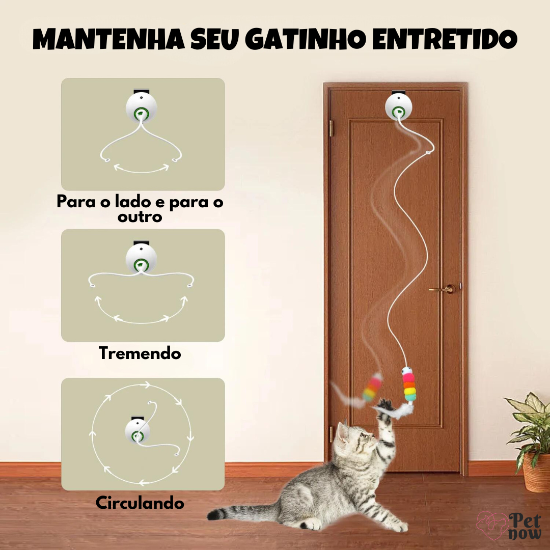 Brinquedo Interativo para Caça Felina Automática com Penas, Sinos e Corda Elástica