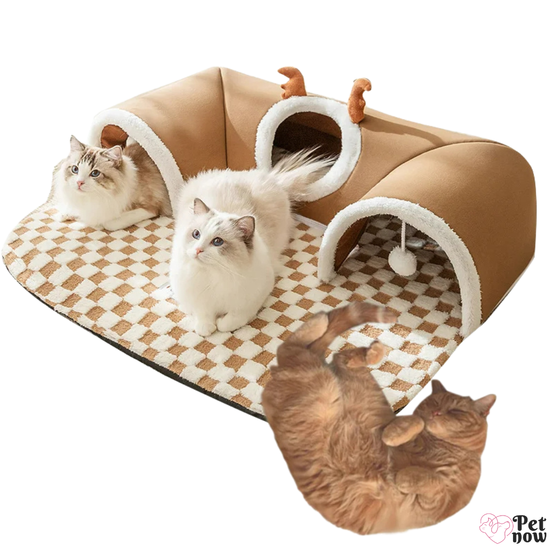 Túnel Interativo e Cama Aconchegante para Gatos - Design Xadrez