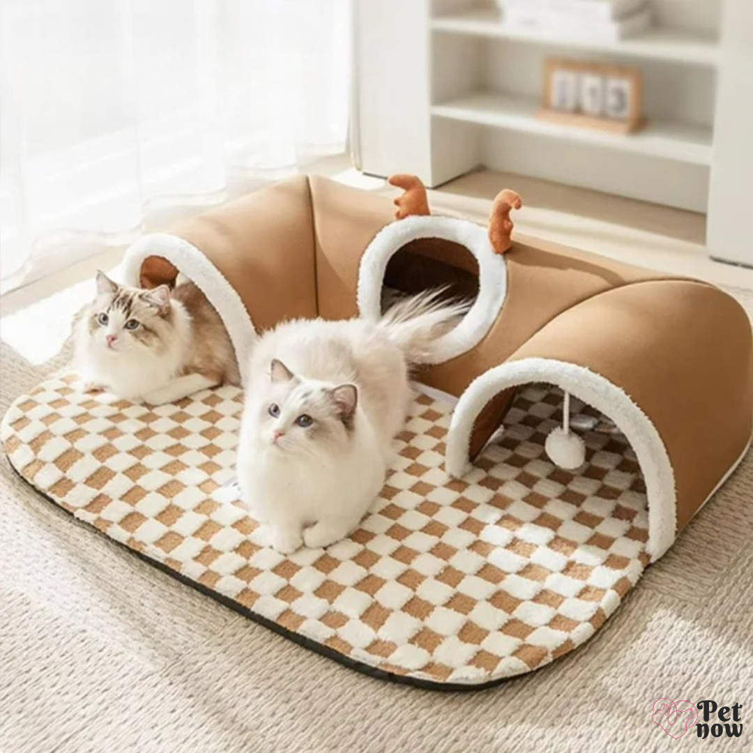 Túnel Interativo e Cama Aconchegante para Gatos - Design Xadrez